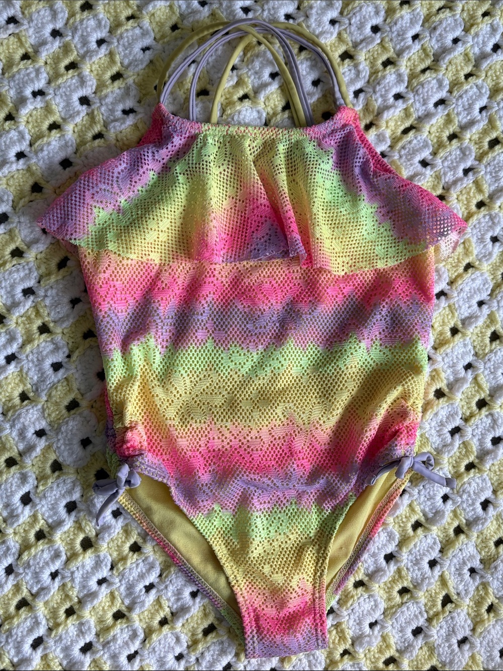 Wonder Nation Lace Yellow Pink Striped Girls One Piece Swimming Suite Size 5T !!